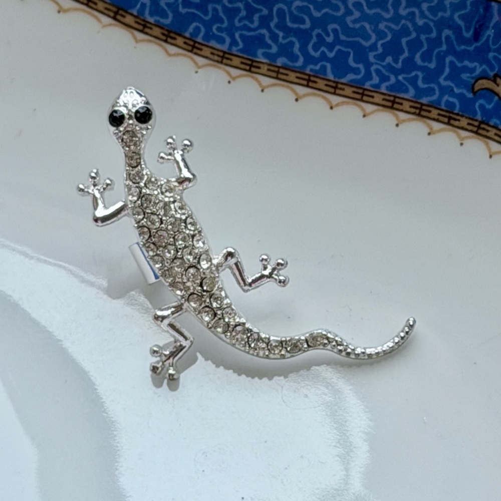 Silver Tone Rhinestone Gecko Slide Pendant Lizard Charm